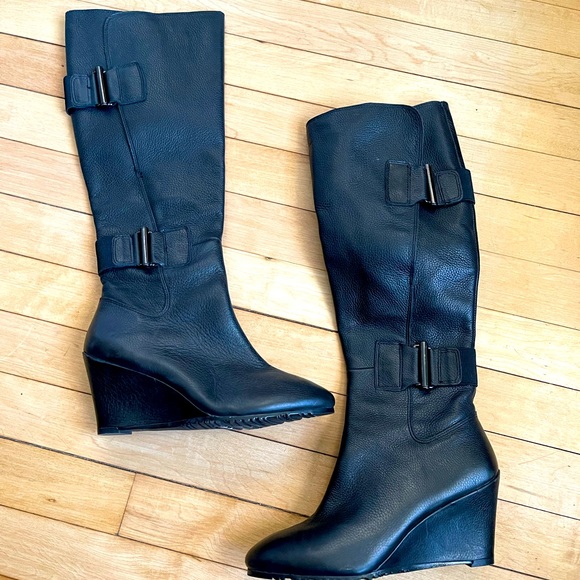 Dknyc Shoes | Dknyc Nicole Black Leather Wedge Boots | Color: Black | Size: 6 | Sismaili's Closet